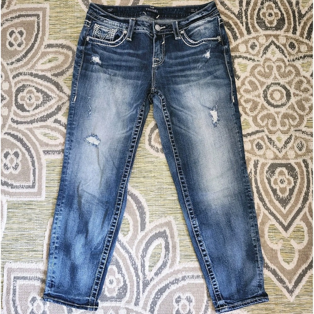 VIGOSS Chelsea Capri Jeans Sz 7/8 L25 Heritage Fit Distressed Embroidered‎